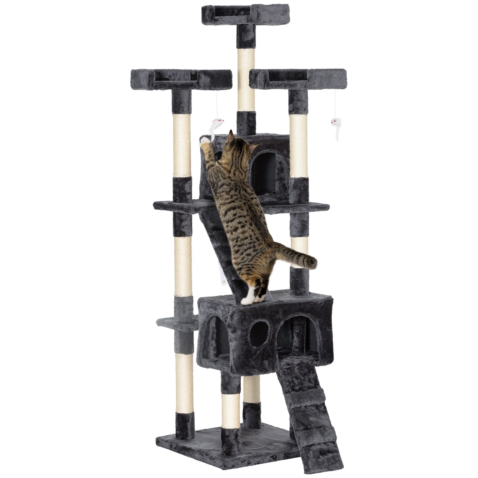 68" Multi-Level Grey Cat Tree Condo Tower - Sisal Scratching Post, Plush Perches & Toys for Living Room, Bedroom & Play - Pet Activity Center