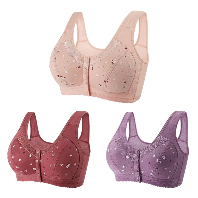 Lenpel Women's Plus Size Front Closure Bras 3 Pc No Underwire Printed Full Coverage Bralettes Comfortable Everyday Bras(Pink,Small)