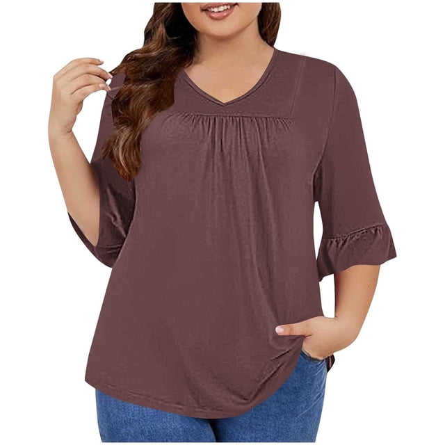 Timegard Hauts Grande Taille pour Femmes Col en V Froncé à Volants Manches 3/4 T-Shirts Confortables Décontractés Amples