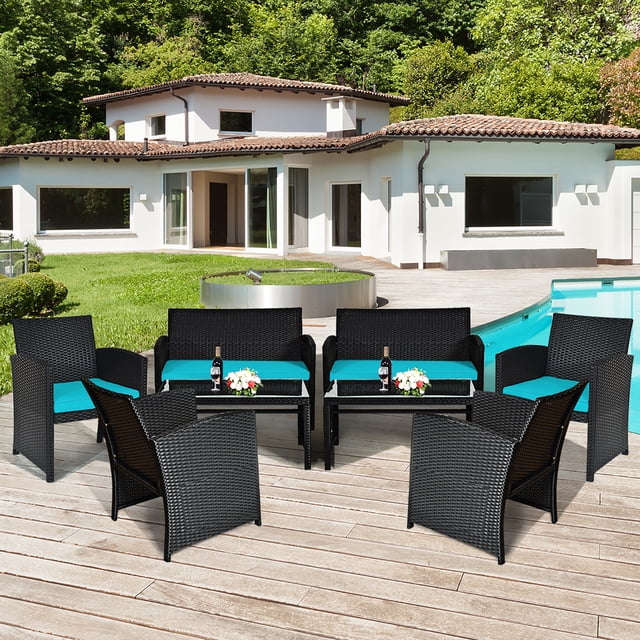 Costway Ensemble de Conversation en Rotin pour Patio 8 Pcs en turquoise, Comprenant 4 sofas Simples, 2 Causeuses et 2 tables Basses avec Dessus en Verre Trempé. la construction en Rotin PE Noir Est Assortie à des Coussins turquoise pour un Style Moderne. Convient aux Espaces Extérieurs comme les patios, les Balcons et les Zones au Bord de la Piscine. l'Ensemble Comprend des Housses de Coussin Amovibles pour un Nettoyage Facile et Est Conçu pour la Durabilité avec un Cadre en Acier Enduit de Poudre et des Matériaux Imperméables.
