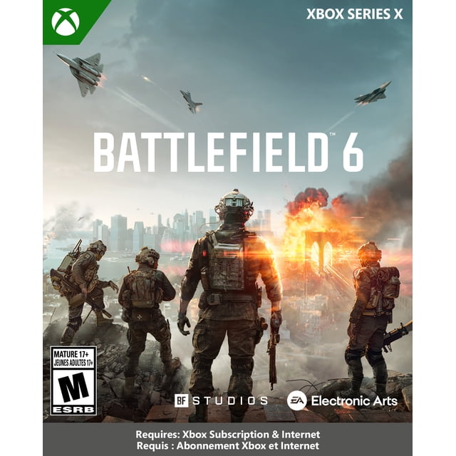 BATTLEFIELD 6 pour Xbox Series X cover showing four soldiers in tactical gear overlooking a burning city skyline with fighter jets flying above, illustrating intense infantry combat and aerial warfare in a modern urban battlefield setting.