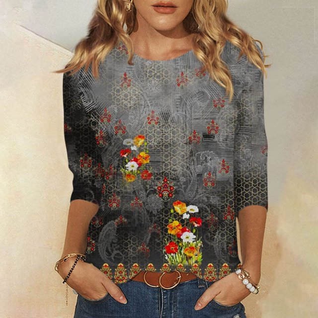 Hauts de Sortie pour Femmes Mode T-shirt Ample Imprimé Blouse à Manches 3/4 Col Rond Hauts Décontractés Hauts à Manches 3/4 pour Femmes en Liquidation