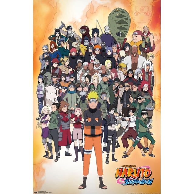 Naruto Shippuden - Affiche Murale de Groupe, 22,375 Po x 34 Po Affichant une Affiche d'Anime Haute Résolution avec de Nombreux Personnages Naruto Shippuden Arrangés en Rangée, Mettant en Vedette Naruto Uzumaki dans Sa Tenue de ninja orange et Noire à l'Avant, sur Fond orange Ardent avec le logo de la Série en Bas à Droite, Convient à la Décoration Murale de Chambre Ou de Bureau.