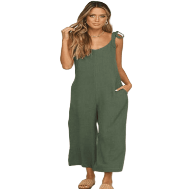Women‘s Summer Sleeveless Backless Loose Relax Fit Pure Color Spaghetti Strap Cotton Linen Jumpsuit