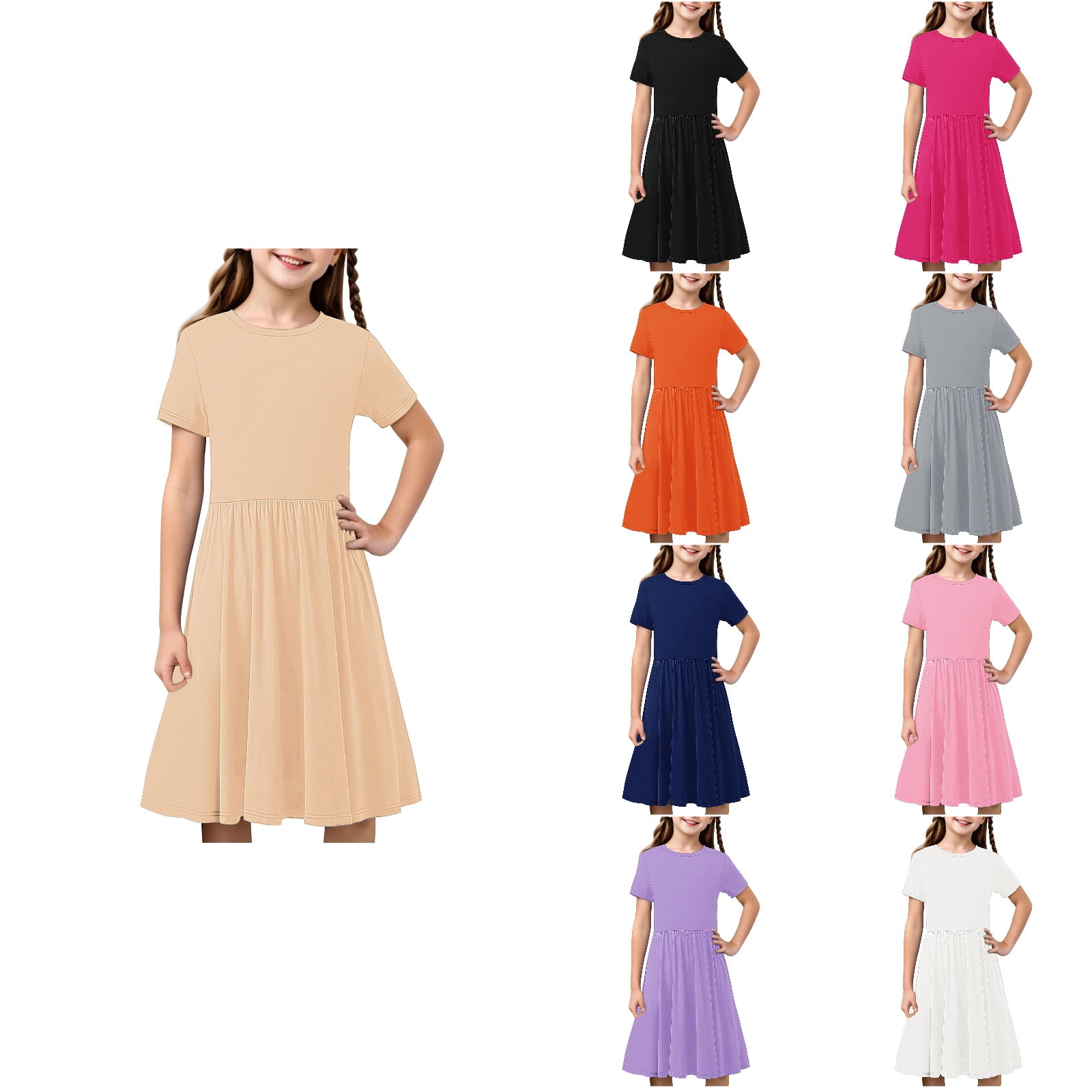 NJDVHB Robe d'Été pour Tout-Petit, Robe de Plage pour Fille, Robe de Fête pour Filles, Robe Décontractée à Manches Courtes Imprimée Unie pour Enfants, Robe Évasée, Rose Vif, 160