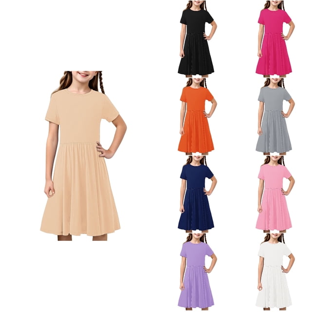 NJDVHB Robe d'Été pour Tout-Petit, Robe de Plage pour Fille, Robe de Fête pour Filles, Robe Décontractée à Manches Courtes Imprimée Unie Extensible, Beige, 170