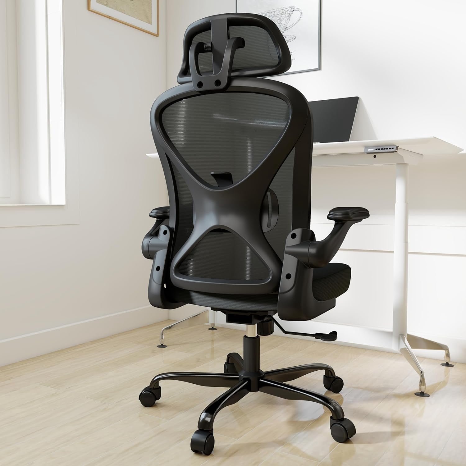 Ergonomic Office Chair with Adjustable Lumbar Support and Headrest  Mesh Home Office Desk Chair with Flip-up Arms and Wheels