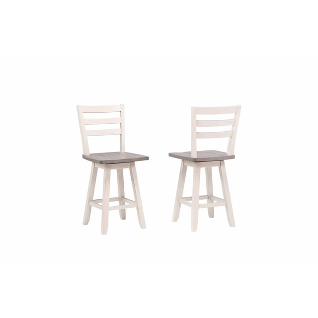 Tabouret de Comptoir Sophia, Ensemble de 2, Gris/blanc, avec Deux Tabourets de Comptoir en Bois avec Sièges Gris Profilés, Dossiers Blancs Style Échelle, Pieds Évasés et Repose-Pieds, Montrés de l'Avant et de l'Arrière sur un Fond Blanc, Conçu pour les Sièges de Cuisine et de Salle à Manger avec une construction durable et une Finition Bicolore Classique, Convient Aussi à une Utilisation Décontractée au bar à la Maison.