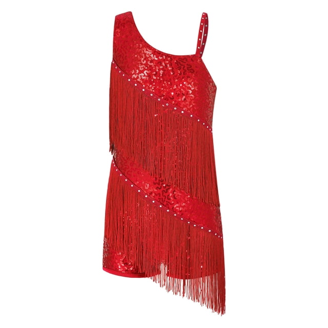 Ocealan Robe de Danse Latine pour Filles Paillettes Jazz Moderne Fête d'Anniversaire Jupe à Franges Rouge 8