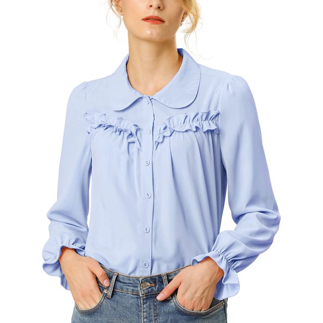 INSPIRE CHIC Women's Button Down Long Sleeve Cuff Ruffle Detail Blouse Shirt Tops