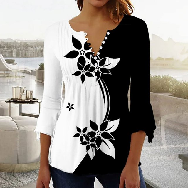 Femmes Tops Top Floral Impression V-Cou à Manches Courtes T-Shirt Beige L