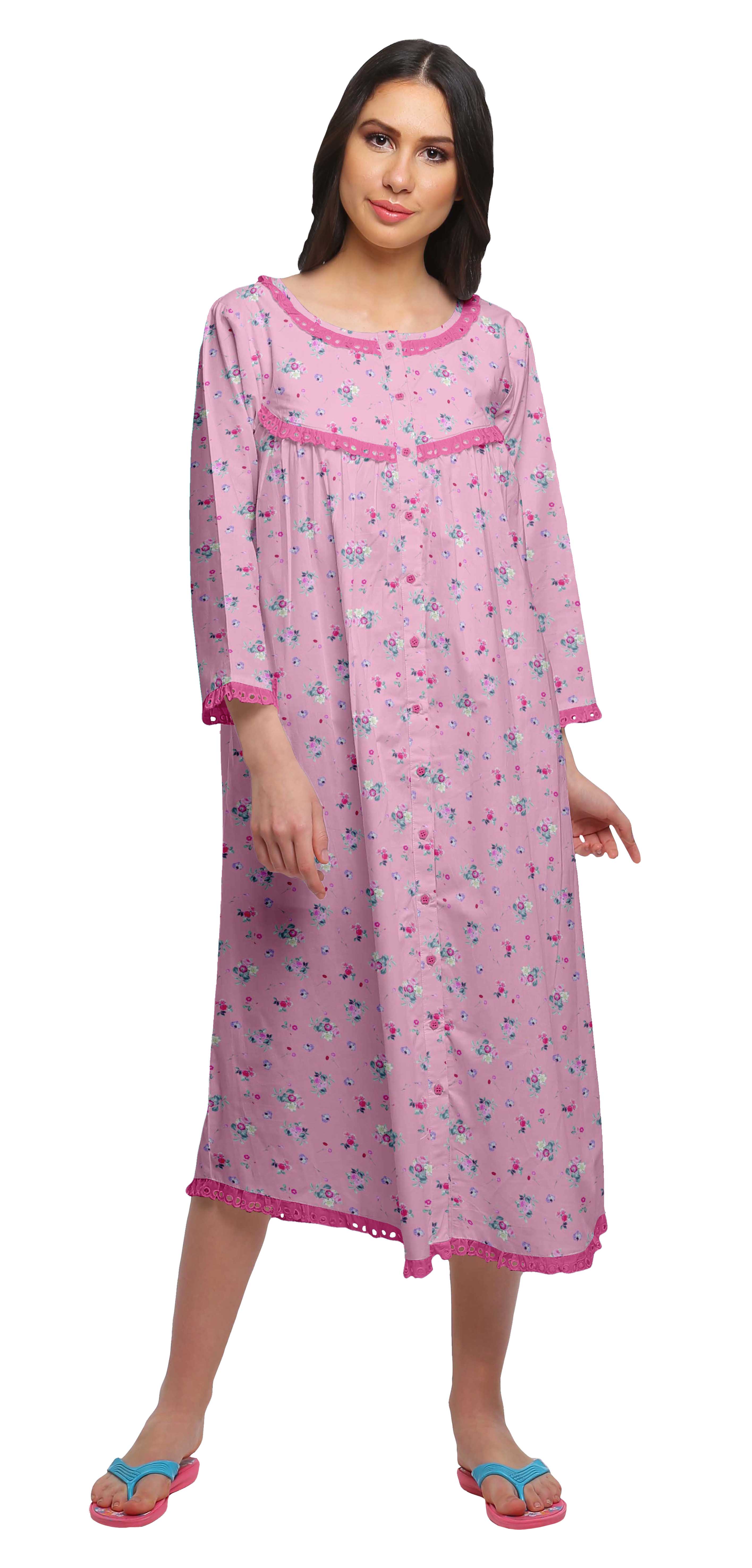 Moomaya Coton Femme Longueur Genou Manches 3/4 Chemise de Nuit Imprimée Tenue de Nuit