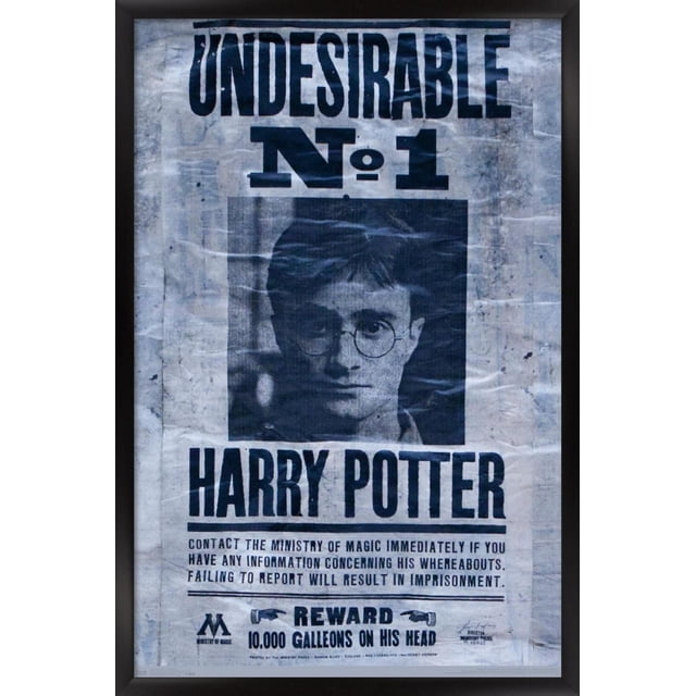 The Wizarding World: Harry Potter - Undesirable Wall Poster, 22.375" x 34", a vintage-style wanted poster with bold black text 'UNDESIRABLE No. 1 HARRY POTTER' and a 10,000 Galleons reward from the Ministry of Magic, printed on glossy paper with adhesive mounts, ideal for decorating bedrooms, offices, or dorm rooms.