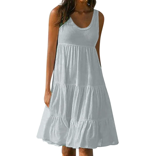 B91xZ Robe Printemps Été pour Femmes Sans Manches Portefeuille à Col en V à Volants Ceinturée Évasée Fluide Maxi, Gris TTTG