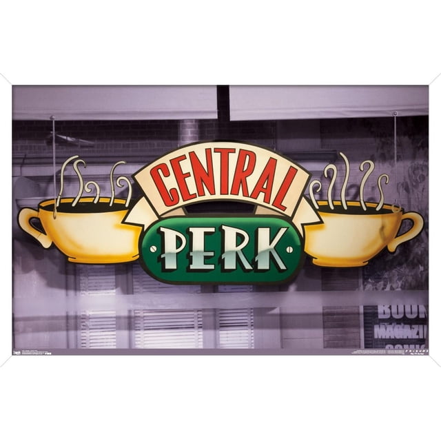 Friends - Affiche Murale Central Perk, 22,375 Po x 34 Po Mettant en Vedette le logo Central Perk avec Deux Tasses de Café Jaune Vapeur des Deux Côtés d'Un Panneau Vert et Crème avec Lettrage Rouge et Blanc, Imprimée sur Papier d'Affiche Lustré, Convient pour Décorer des Chambres, des Bureaux Ou des Résidences Étudiantes.
