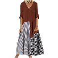 thumbnail image 2 of SMihono Robe Maxi Bohème d'Été pour Femmes Grande Taille Mode Décontractée Été Col en V Patchwork à Carreaux Imprimé Robe Manches Courtes Robe Longue de Plage, 2 of 7