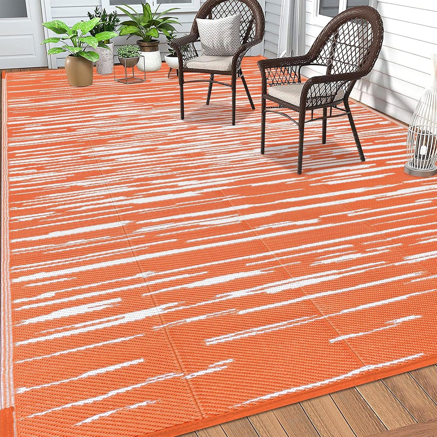 Findosom Tapis d'Extérieur Imperméable 9'x12 Pieds à Rayures, Tapis de Paille en Plastique Pliable et Réversible, Grand Tapis de Patio pour Extérieur, Véhicule Récréatif, Patio, Arrière-Cour, Terrasse, Pique-Nique, Plage, Camping Orange