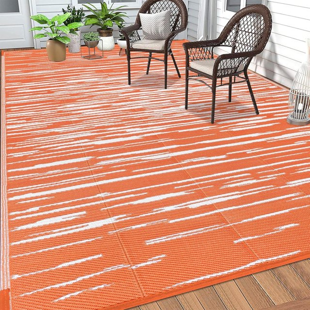 Findosom Tapis d'Extérieur Imperméable 9'x12 Pieds à Rayures, Tapis de Paille en Plastique Pliable et Réversible, Grand Tapis de Patio pour Extérieur, Véhicule Récréatif, Patio, Arrière-Cour, Terrasse, Pique-Nique, Plage, Camping Orange