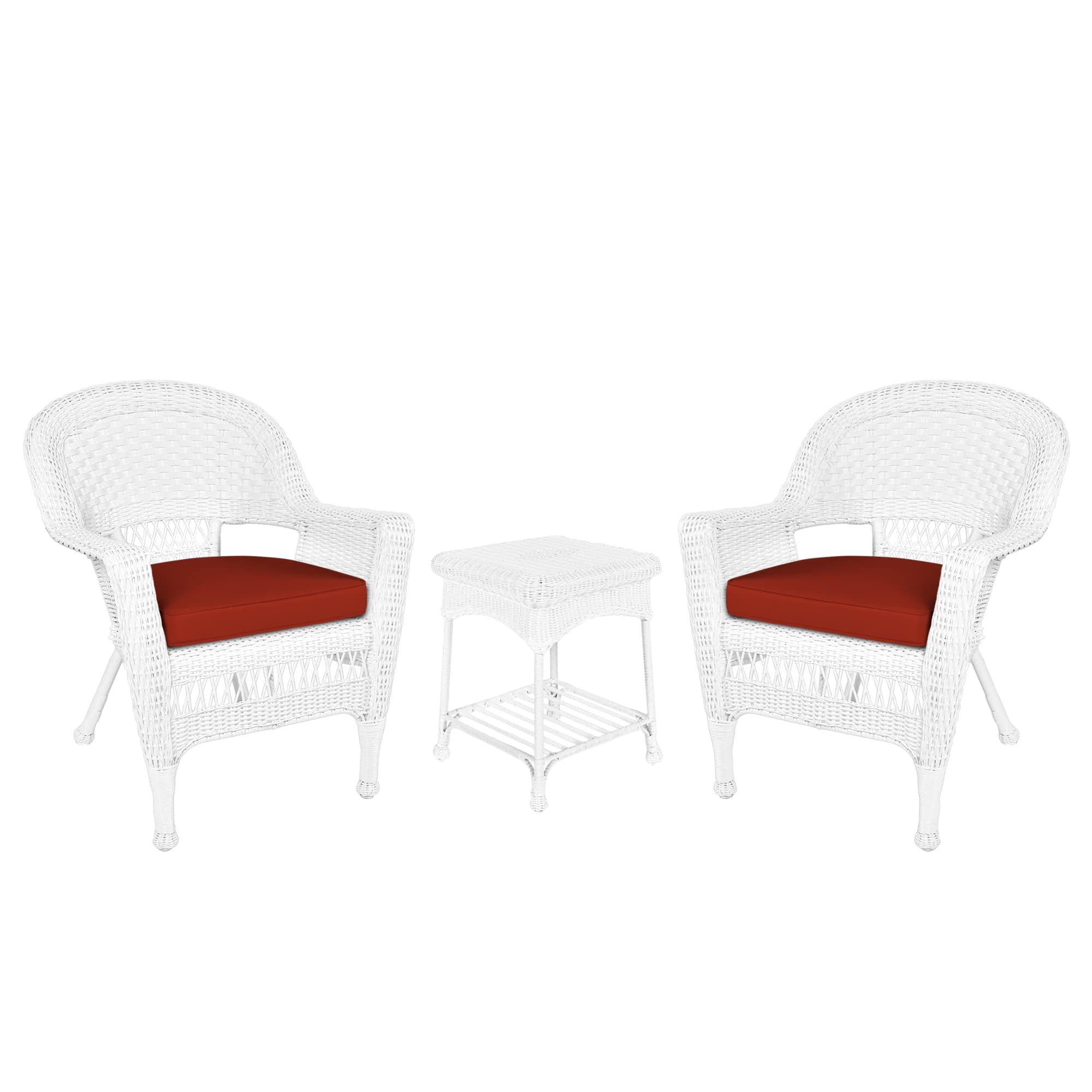 Jeco Ensemble de Conversation en Osier 3 Pcs en Blanc avec Coussins Rouge Orange