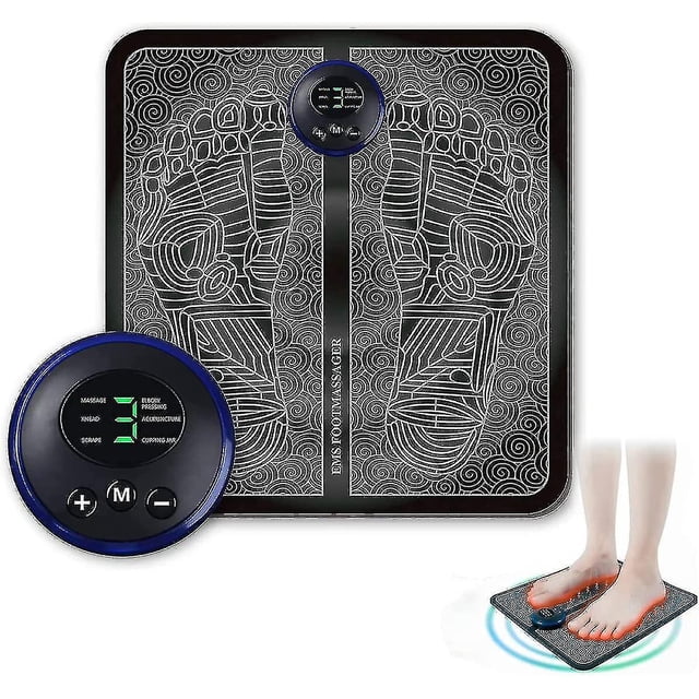 EMS Foot Massager with foldable design and USB charging, featuring a black yoga mat material with a detailed foot pattern and central control panel. Offers 9 adjustable intensities and 6 massage modes to improve blood circulation, relieve pain, and enhance muscle activity. Includes a circular remote control with settings for massage, knead, scrape, and acupuncture. Lightweight, quiet, and suitable for all foot types and sizes, ideal for relaxation or work environments.
