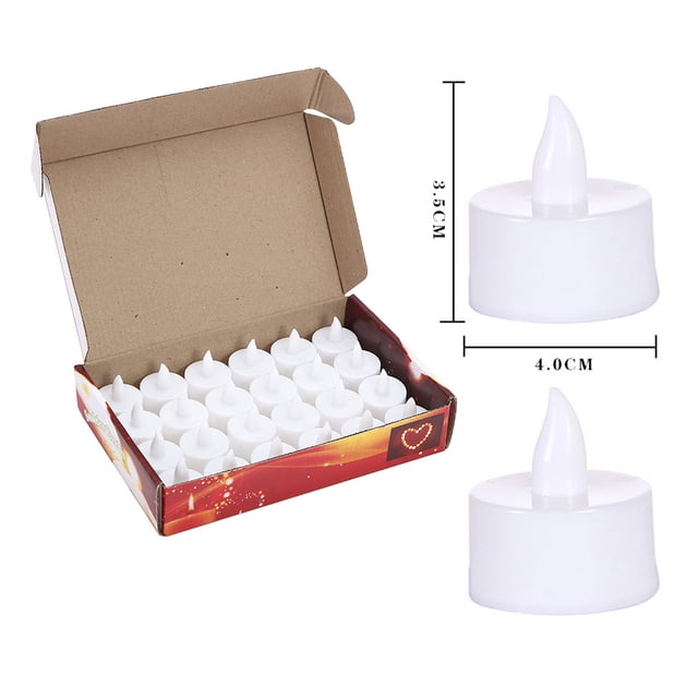 Battery Tea Lights - 24 LED Tea Lights Candles featuring a set of flameless, battery-operated lights with a warm yellow flickering effect. The image shows an open box containing 24 white LED tea lights, each with a realistic flame-shaped tip. Dimensions of each tea light are 3.5 cm in height and 4.0 cm in diameter. Ideal for weddings, holidays, parties, and home decoration, these candles are safe, smokeless, and hassle-free.