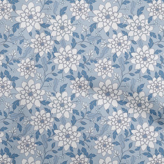 oneOone Polyester Spandex Medium Blue Fabric Floral Retro Sewing Material Print Fabric By The Yard 56 Inch Wide