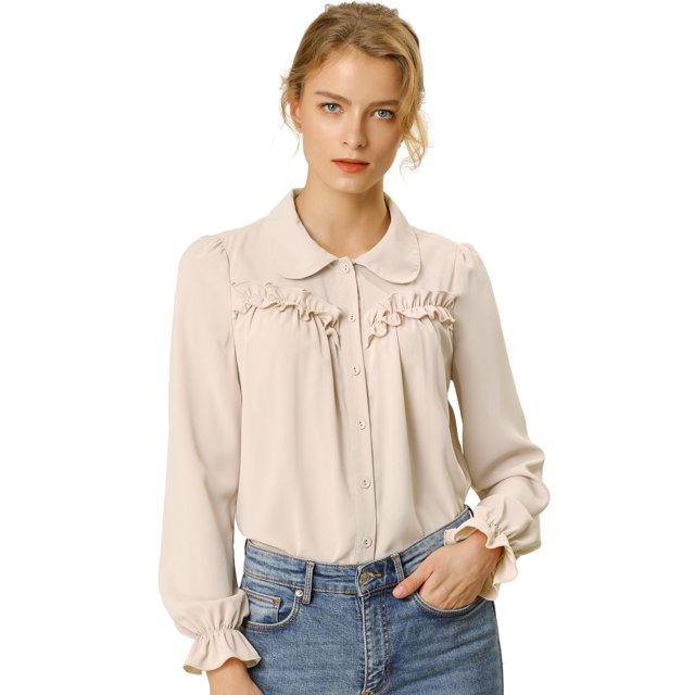 INSPIRE CHIC Women's Button Down Long Sleeve Cuff Ruffle Detail Blouse Shirt Tops