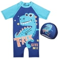 thumbnail image 1 of MIASHUI Boys One Piece Swimsuits Dinosaur Rash Guard Swimwear with Swimming Cap,Sky Blue,4-5 Years, 1 of 8