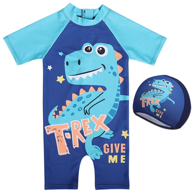 MIASHUI Boys One Piece Swimsuits Dinosaur Rash Guard Swimwear with Swimming Cap,Sky Blue,4-5 Years