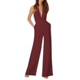 thumbnail image 3 of AWXNJUX Combinaisons pour Femmes Couleur Unie Combinaison Pantalon Droit Design Simple et Exquis (Rouge Vin,S), 3 of 3
