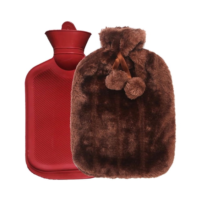 Yhmxh Home and Kitchen 2L hot water bottle with artificial cloth cover. The set includes a red rubber hot water bottle with a textured surface for grip and heat retention, and a detachable brown faux fur cover with pom-pom accents for added comfort and insulation. Ideal for thermotherapy, cold protection, and pain relief. Suitable for warming beds, relieving muscle aches, and menstrual cramps. Not microwave-safe and recommended for use with water at 70-80 degrees Celsius.