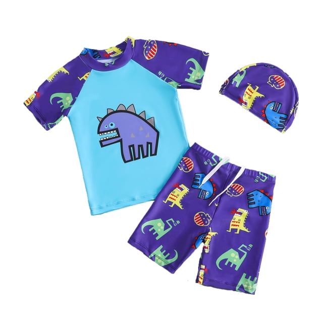 MIASHUI Boys 3 Piece Swimwear Cartoon Print Bathing Suits Tops and Trunks Set with Hat,Navy,6-7 Years