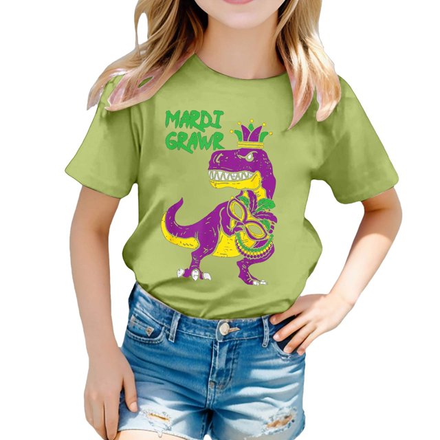 LUOGENLI T-Shirt pour Filles T-Shirt Décontracté Imprimé Col Rond Manches Courtes T-Shirt Chemise Décontractée Chemises pour Filles Tendance Été Nuit Vert Clair 6-7 Ans