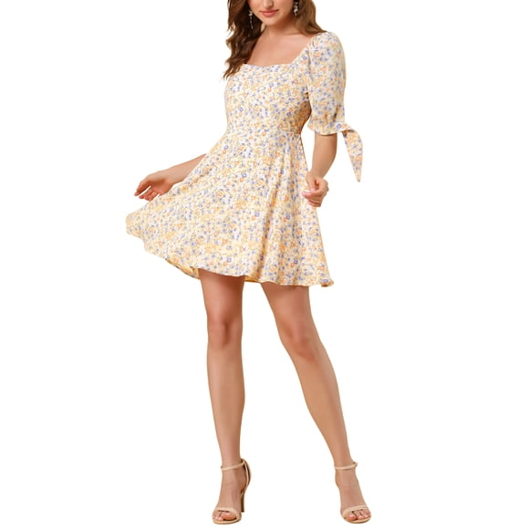 INSPIRE CHIC Junior's Sweetheart Neck Floral Puff Sleeve A-Line Mini Dress