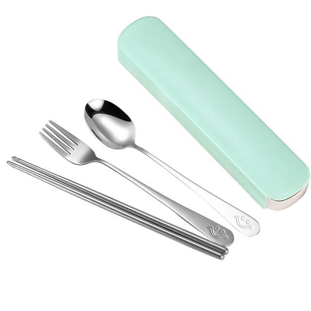 Portable Chopsticks Spoon Fork Set Stainless Steel Student Office Cutlery with Storage Box Smile Green 3Pcs