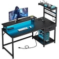 thumbnail image 1 of Exenoray Computer Desk with Drawer, LED Light & Power Outlet, 48" Home Office Desk with Side Storage Shelf, Reversible Work Desk, Black Wood & Metal Study Desk for Bedroom & Gaming, 1 of 8