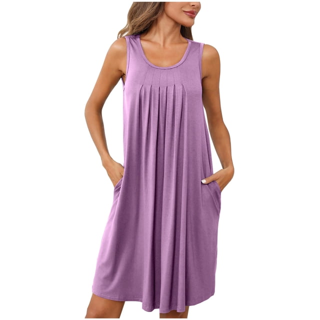 Dvkptbk Robe d'Été de Plage pour Femme 2024 Décontractée à Col Rond à Manches Courtes Robe Débardeur Mini Robes Fluide à Volants Boho Robe Soleil avec Poches P-2TG