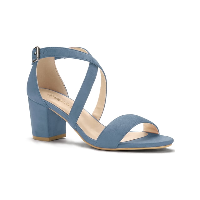 BLISSFUL STEP Women's Open Toe Cross Strap Mid Block Heel Sandals in Haze Blue, size 8. Crafted with faux suede vamp, rubber outsole, and ABS heel, these sandals feature a padded insole for comfort. Designed with crisscross ankle straps, adjustable buckle closure, and a 2 1/2-inch block heel for stability. Ideal women's heels for casual outings, office wear, or evening events.
