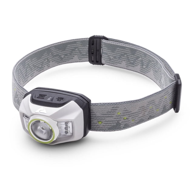 Ozark Trail Lampe Frontale Rechargeable de 600 Lumens Multicolore avec Sangle en Tissu Gris Ajustable, Dotée d'Accentations Vert Moucheté, d'Un Boîtier en Plastique Blanc et Noir, et d'Une Lumière DEL Centrale avec Garniture Verte, Conçue pour le camping et les Activités de Plein Air.