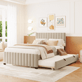 thumbnail image 1 of Full Size Velvet Upholstered Platform Bed with Twin Size Trundle, Beige, 1 of 8