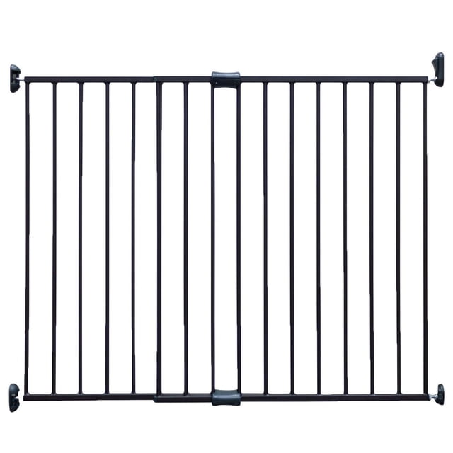 Finn & Winston Expandable Metal Gate in bronze finish, front-facing with vertical bars and corner mounting hardware, adjustable from 28 to 48 inches wide and 31 inches tall, featuring a secure one-hand safety latch, suitable for safely blocking doorways and hallways for pets or children.