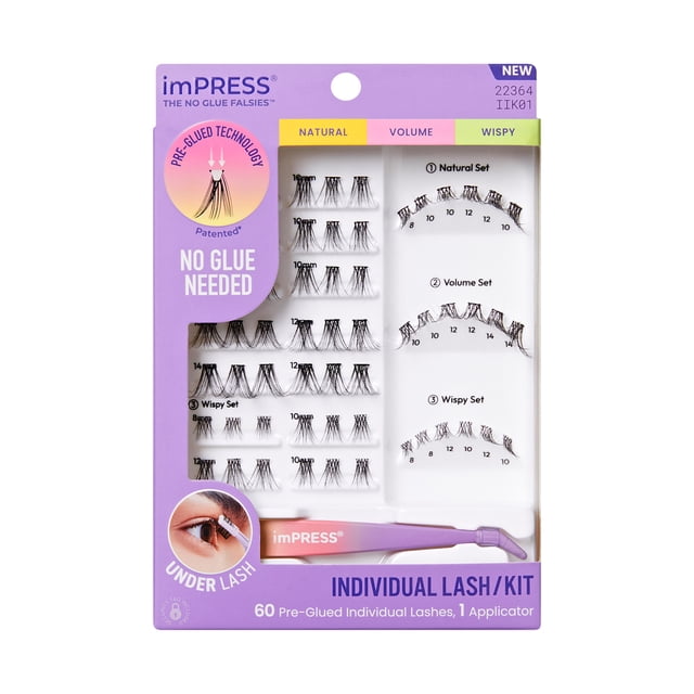 KISS imPRESS Trousse de Cils Individuels 01 Contenant 60 Cils Individuels Synthétiques Pré-Collés en styles Naturel, volume et Vaporeux de 8 mm à 16 mm, plus un Applicateur Violet, dans une Boîte Lavande avec Technologie Sans Colle et guides de Mappage des Cils pour une application de Cils Personnalisée Facile.