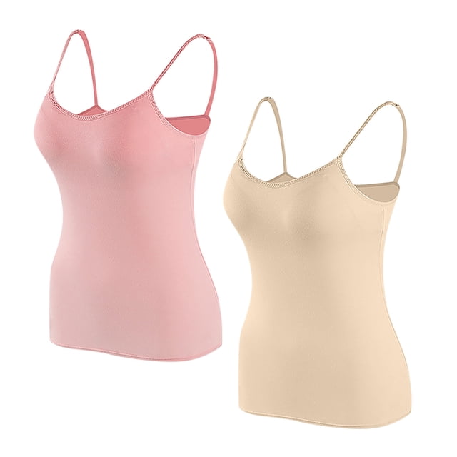 Timegard Camisoles pour Femmes 2 Pcs avec Soutien-Gorge Intégré Col Rond Bretelles Spaghetti Ajustées Douces Maillots de Corps Décontractés Hauts de Pyjama