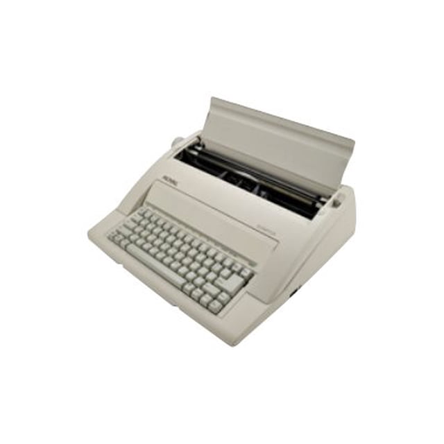 Royal Scriptor electronic typewriter in a multicolour design, featuring a compact layout with a full QWERTY keyboard, a paper feed mechanism, and compatibility with typewriter ribbons. Suitable for office and school use.