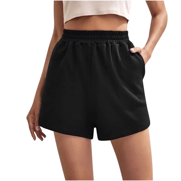 QUYUON Womens Casual Summer Sweat Shorts Elastic Waist Running Shorts High Waisted Workout Sports Shorts Track Short Pants with Pockets Athletic Shorts for Women Shorts Style S-47 , Black S
