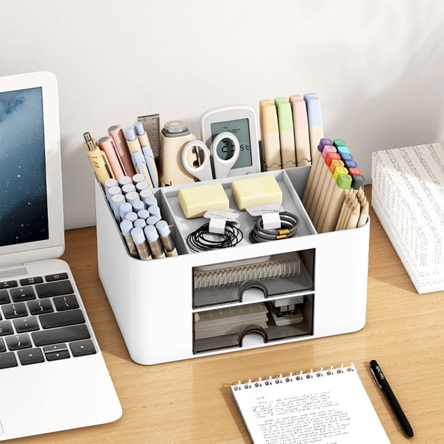 RXIRUCGD Desk Organizer With 2 Drawer Multi Functional Pencil For Desk Desk Organizers And Accessories With 5 Compartments Drawer For Office With Study Supplies