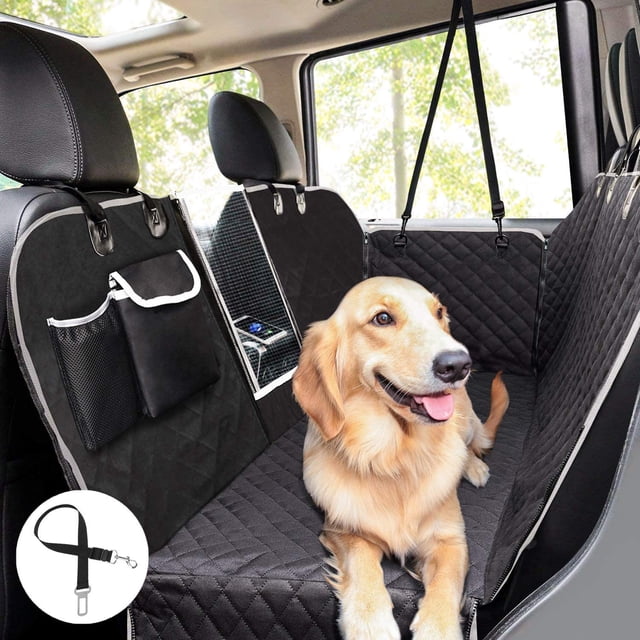 Dog Back Seat Cover Protector Waterproof Scratchproof Nonslip Hammock for Dogs, designed for backseat protection in cars and SUVs. The black quilted cover includes a transparent viewing window for pet comfort, storage pockets, and adjustable straps secured to headrests. Suitable for pet travel and includes a dog seat belt accessory.