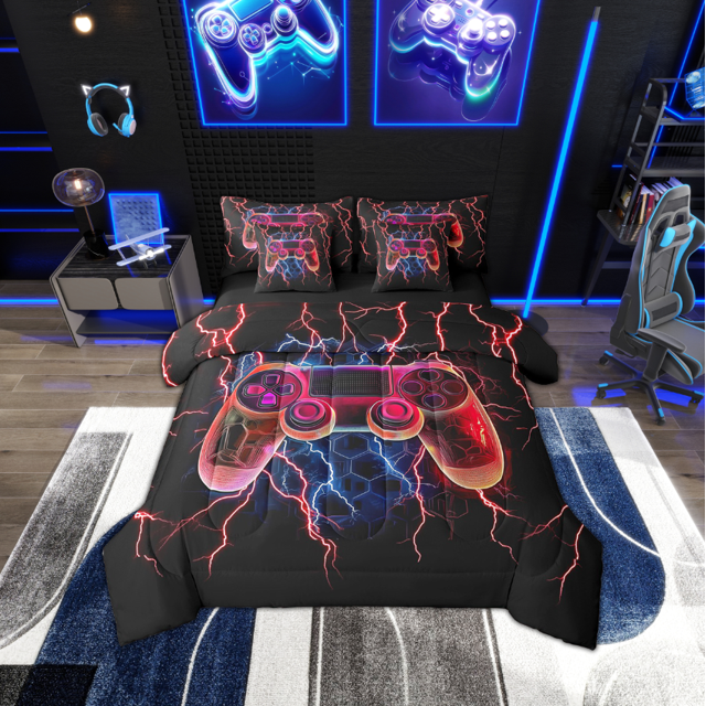 Erosebridal Girls Gamer Bedding Sets Full Size, Neon Gradient Gamepad Bed Sheets Set, Red Lightning Decor, Reversible 7-Piece