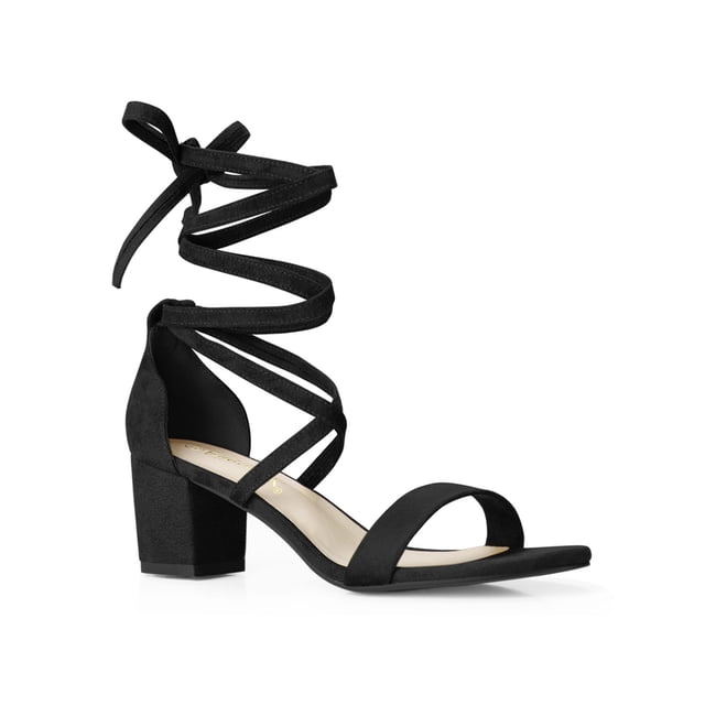 BLISSFUL STEP Women's Open Toe Lace Up Mid Chunky Heeled Sandals