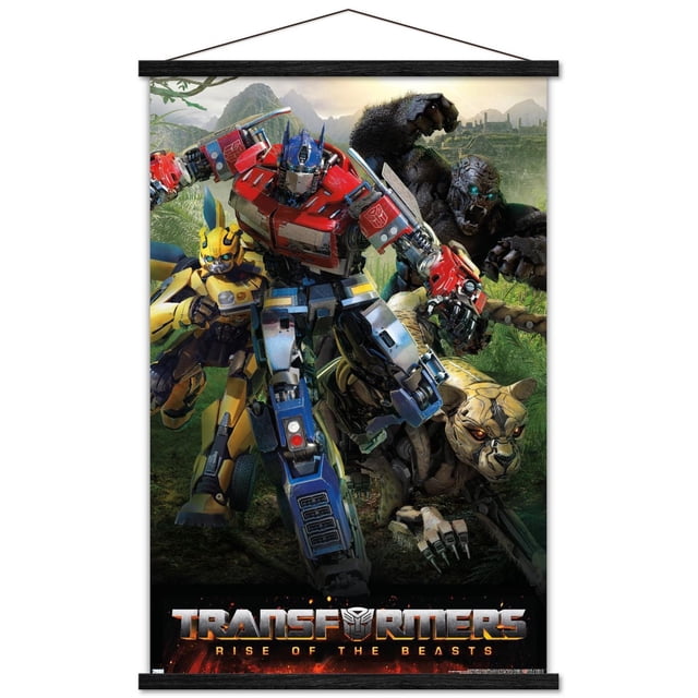 Transformers: l'Ascension des Bêtes - Grande Affiche Murale 4, 22,375 Po x 34 Po, Impression Haute Résolution Brillante Présentant Optimus Prime en Rouge et Bleu, Bumblebee en Jaune, une Panthère Robotique et un robot Gorille dans un Fond de jungle et de Montagne, Idéale pour la Déco Murale avec des Montages Adhésifs Faciles pour une Suspension Sans Dommages.